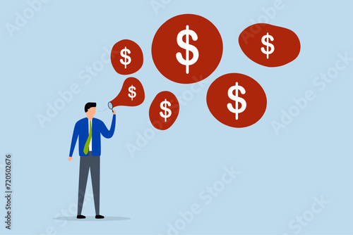 Stock market bubble, greedy businessman investors blow bubbles with dollar sign money into the air.