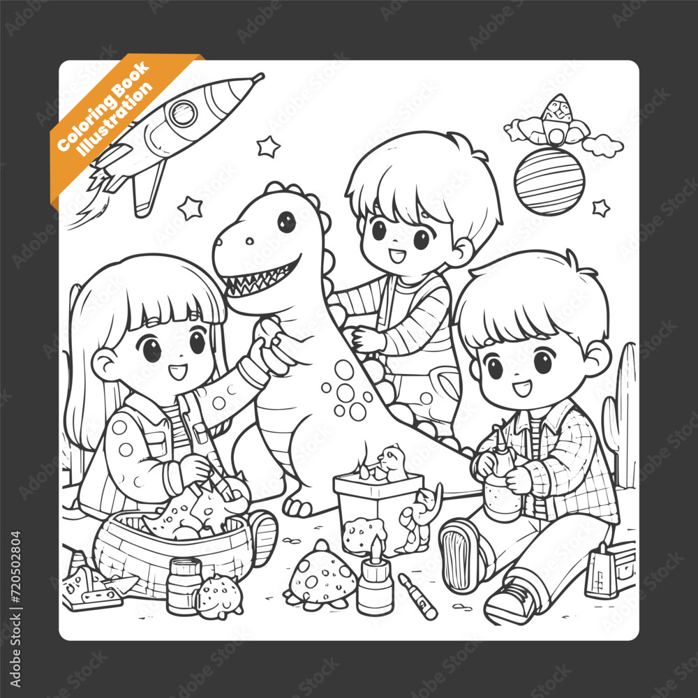 Fototapeta premium Vector cute coloring book illustration of kids playing with dinosaur