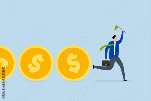 Cash flow, Businessman leader holding flag control flow of money Dollar coins.