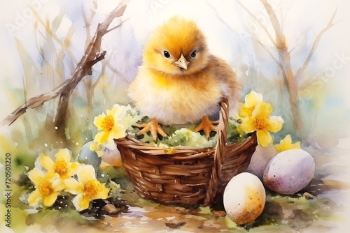 Fluffy chick in wicker basket with daffodils and Easter eggs, watercolor illustration. Easter greeting card © MariiaDemchenko