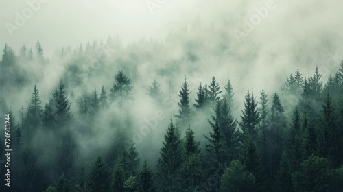 Winter Forest with Fir Trees in Fog and Snow-Capped Mountains in the Background. Calm, cool