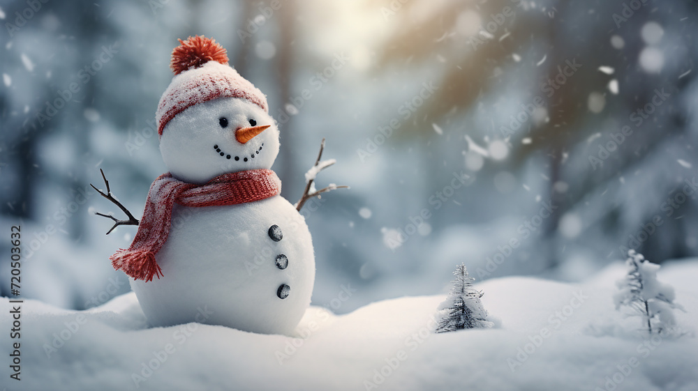Snowman in winter forest. Christmas and New Year holiday background.