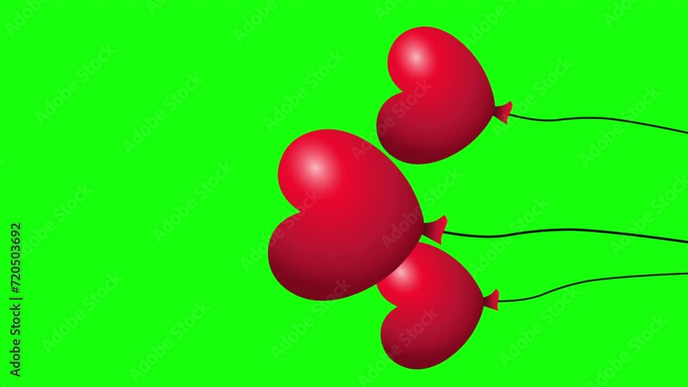 Animated Red heart shaped balloons hanging in air and isolated on green ...