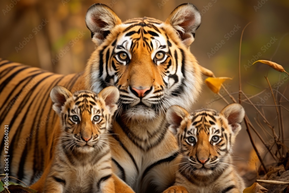 Fototapeta premium mother tigress with her young ones, little tiger cubs, cuddles together. family, motherhood in animals.