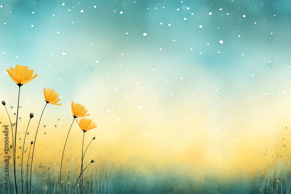 Artistic watercolor background with yellow flowers and tranquil blue sky