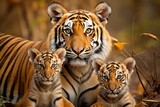 mother tigress with her young ones, little tiger cubs, cuddles together. family, motherhood in animals.