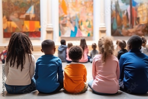 Vertical back view at diverse group of children sitting on floor in modern art gallery and listening to art expert photo