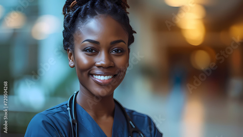Smiling Black Female Nurse in Blue Scrubs Indoors in Hospital