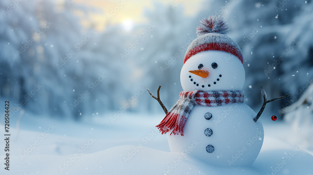 Snowman in the winter forest. Christmas and New Year background.