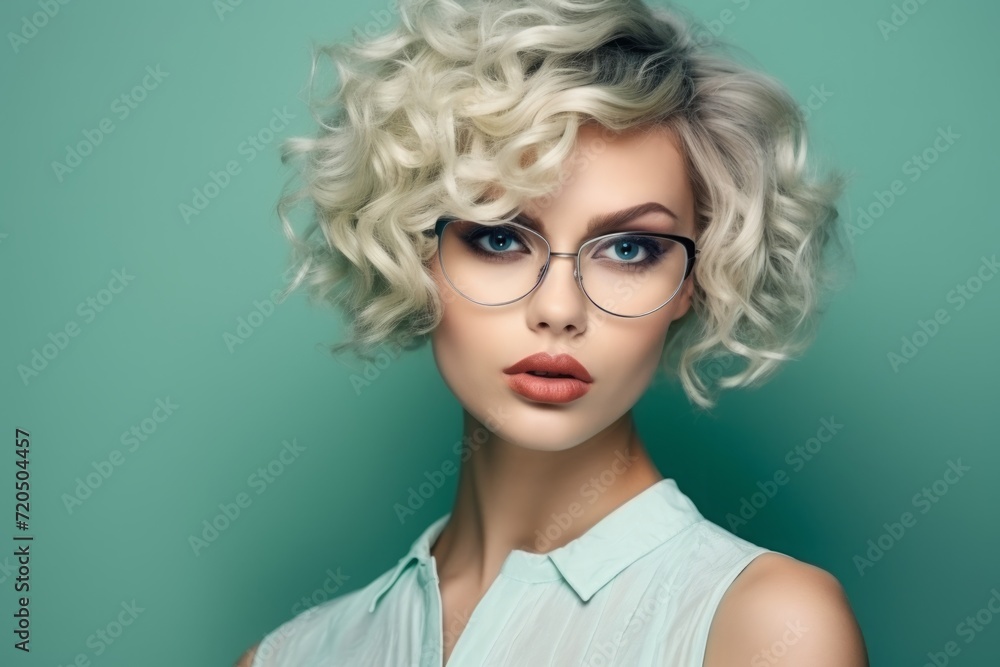 portrait, a wonderful blonde young woman with glasses in a beautiful frame. optics, vision correction and eye imperfections. Bespectacled curly-haired girl, stylish female image.