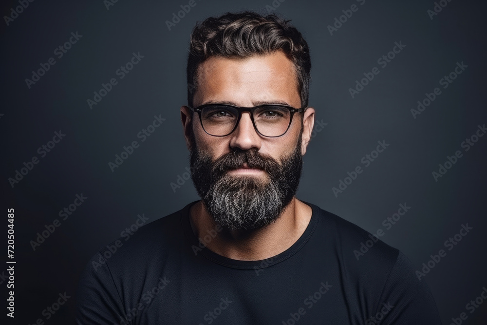 portrait of an adult charismatic man with glasses in a beautiful frame. optics, vision correction and eye imperfections. modern eyeglasses for vision.