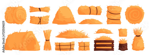 Set of hay bales, piles, heaps and stacks. Straw in rolls, squares, bags. Dry grass, bundles of farm feed. Cartoon vector illustration of haystacks.