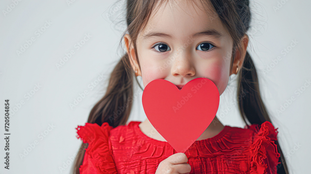 Little Girl Holding Red Heart Cutout.Young child in a red dress holding a red heart-shaped cutout to her face, symbolizing innocence and love. Little Girl Holding Red Heart Cutout.Young child in a red dress holding a red heart-shaped cutout to her face, symbolizing innocence and love.