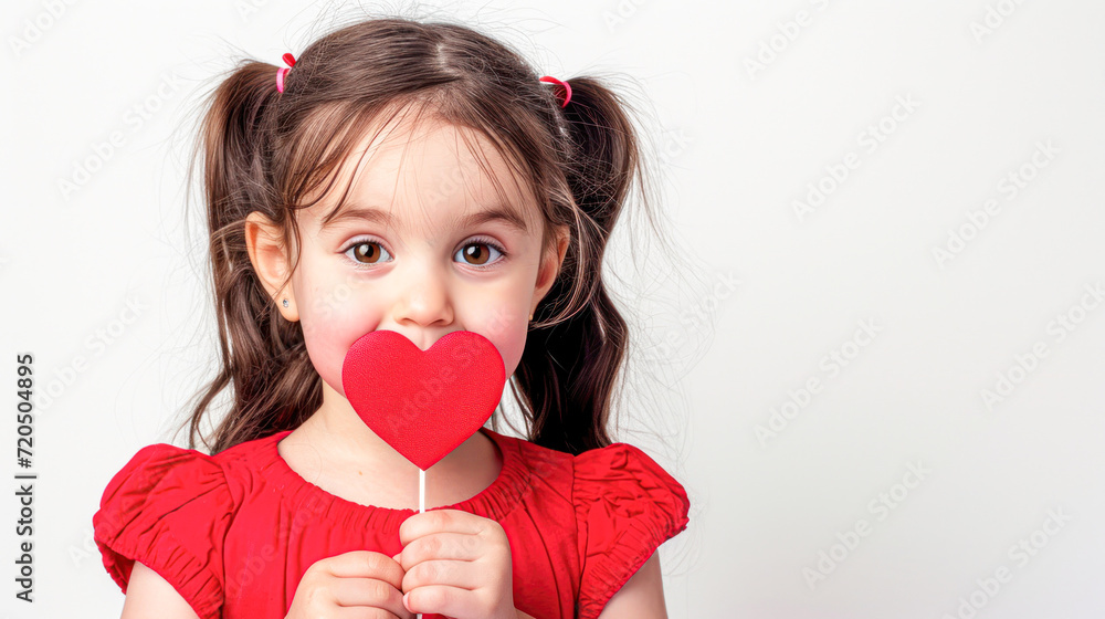 Little Girl Holding Red Heart Cutout.Young child in a red dress holding a red heart-shaped cutout to her face, symbolizing innocence and love. Little Girl Holding Red Heart Cutout.Young child in a red dress holding a red heart-shaped cutout to her face, symbolizing innocence and love.