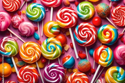 Generate a delightful AI-rendered scene of capturing the vibrant and tempting qualities of a Sugar Lollipop Candy Food Illustration.