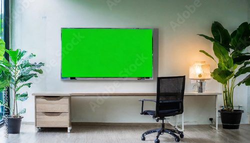 Conference room setup with a green screen, ideal for billboards, TV branding, and showcasing products.