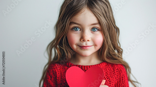 Little Girl Holding Red Heart Cutout.Young child in a red dress holding a red heart-shaped cutout to her face, symbolizing innocence and love.