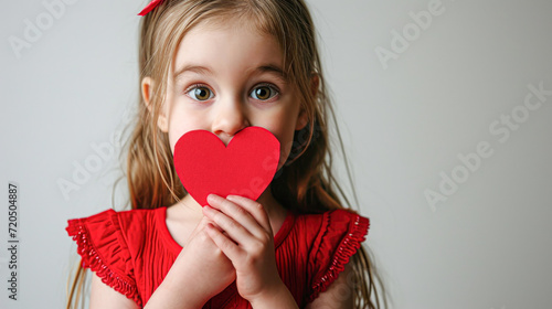 Little Girl Holding Red Heart Cutout.Young child in a red dress holding a red heart-shaped cutout to her face, symbolizing innocence and love. © Kowit