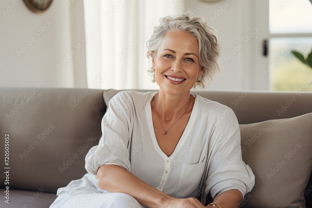 Smiling middle aged russian woman sitting on sofa at home, single mature senior in living room, trend for individuality, magazine photography, professional color grading, soft shadows, no contrast, Smiling middle aged russian woman sitting on sofa at home, single mature senior in living room, trend for individuality, magazine photography, professional color grading, soft shadows, no contrast,