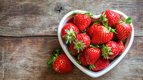 Heart-Shaped Bowl Filled with Strawberries.A wooden heart-shaped bowl overflowing with ripe, fresh strawberries on a rustic table surface, perfect for a healthy treat.