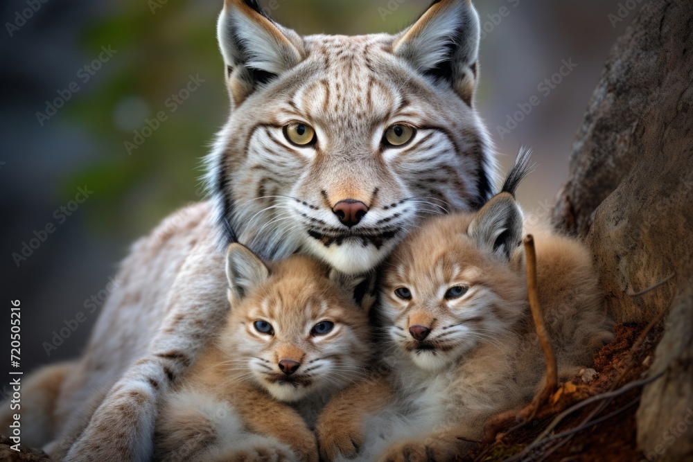 mother lynx with her young ones. litter of kittens. female and little lynx cub cuddles together. family, motherhood in animals. wildlife. mother lynx with her young ones. litter of kittens. female and little lynx cub cuddles together. family, motherhood in animals. wildlife.