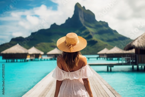 Stock photo female with hat walking on bora bora platform with the back at the camera, blurry background with copy space