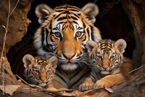 mother tigress with her young ones, little tiger cubs, cuddles together. family, motherhood in animals. wildlife. © MaskaRad