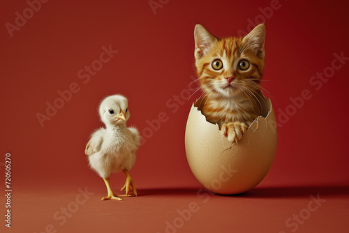 This creative scene showcases a humorous twist with a cat hatching from an egg while a chick stands by, illuminated by soft natural lighting.