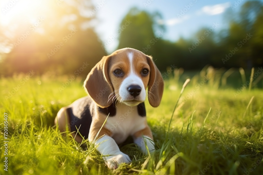 a beagle puppy on the grass. cub, dog breed, pet. outdoors on a walk in summer.