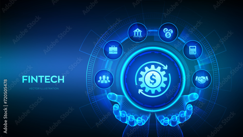 Fintech. Financial technology icon in wireframe hands. Online banking and crowdfunding. Business investment banking payment technology concept. Vector illustration. Fintech. Financial technology icon in wireframe hands. Online banking and crowdfunding. Business investment banking payment technology concept. Vector illustration.