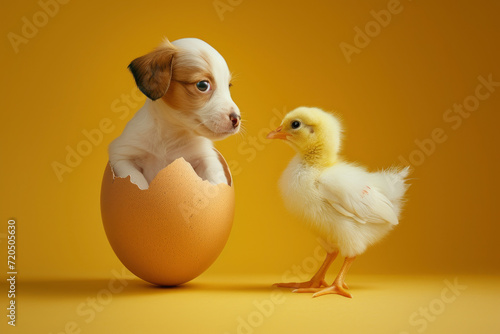 A whimsical portrayal of a puppy hatching from an egg with a puzzled chick beside it, set against a solid color background and bathed in natural light. © Mongkol