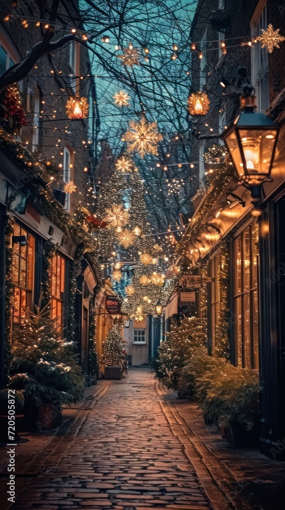Beautifully adorned street, exuding festive charm with Christmas decorations.