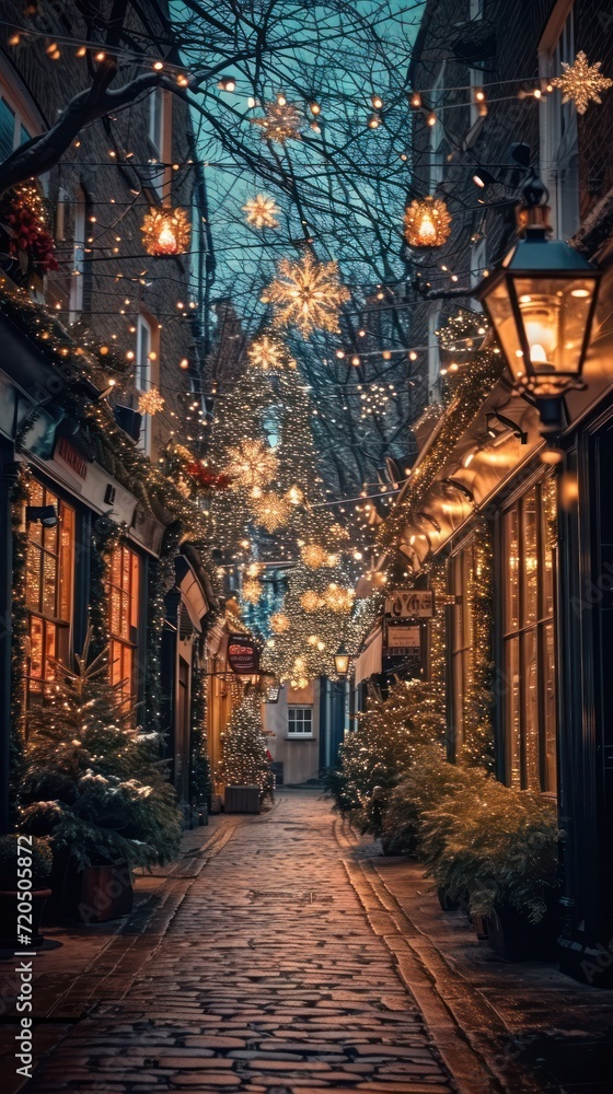 Fototapeta premium Beautifully adorned street, exuding festive charm with Christmas decorations.