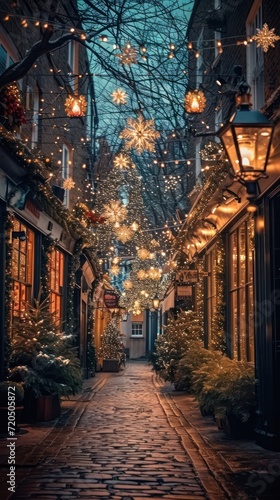 Beautifully adorned street  exuding festive charm with Christmas decorations.
