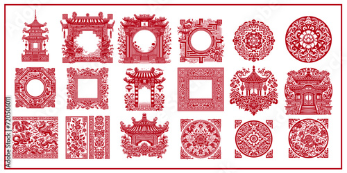 Chinese traditional patterns, flowers, lanterns, clouds, elements, and decorations Vector collection of Chinese and Japanese decorations for cards 