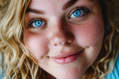 Close-Up Selfie of a Charming Plus-Size Young Woman with Bright Blue Eyes and an Enchanting Smile, Capturing the Radiance of Her Expressive Beauty