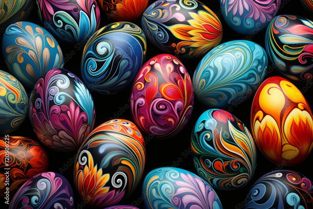 Obraz premium Easter background, colorful chicken eggs. vibrant swirling color. top view, close-up. illustration.