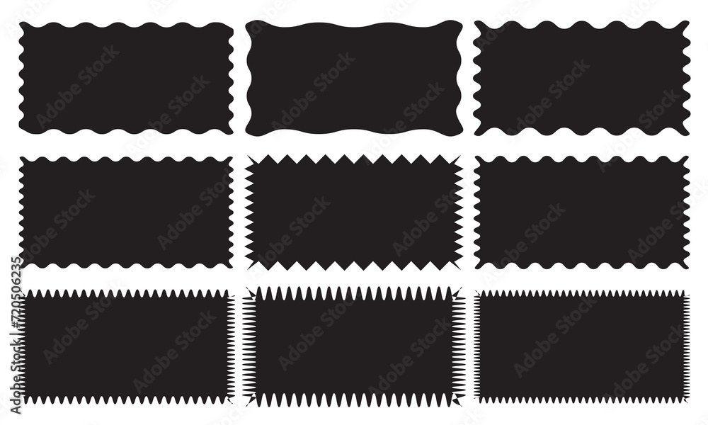 Rectangle shape frame with zigzag edge. Rectangular jagged curved box element. Geometric zig zag wavy stickers. Wiggly  square badge, vector illustration for poster, banner, social media template.555 - obrazy, fototapety, plakaty 