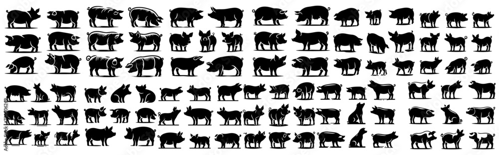 Vector set of pig in silhouette style - obrazy, fototapety, plakaty 