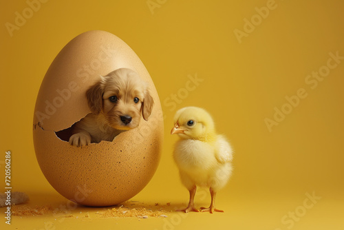 Capturing a moment of playful surrealism, this photo shows a puppy emerging from an egg with a confused chick, illuminated by soft natural lighting. © Mongkol