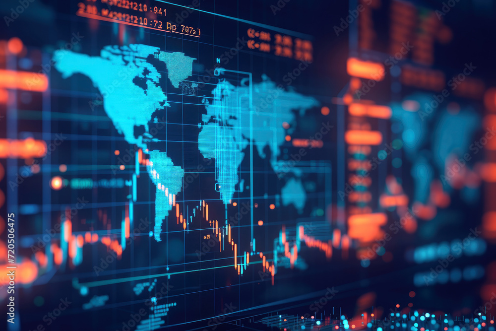 An in-depth look into global financial markets, featuring cryptocurrency trading screens with real-time data, set against an informative world map.