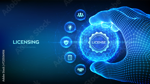 Licensing. License agreement concept in the shape of polygonal sphere with Licensing symbol in wireframe hand. Copyright protection law license property rights. Vector illustration.