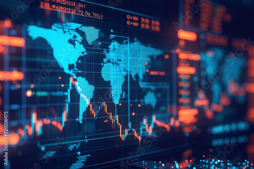 An in-depth look into global financial markets, featuring cryptocurrency trading screens with real-time data, set against an informative world map. © Mongkol