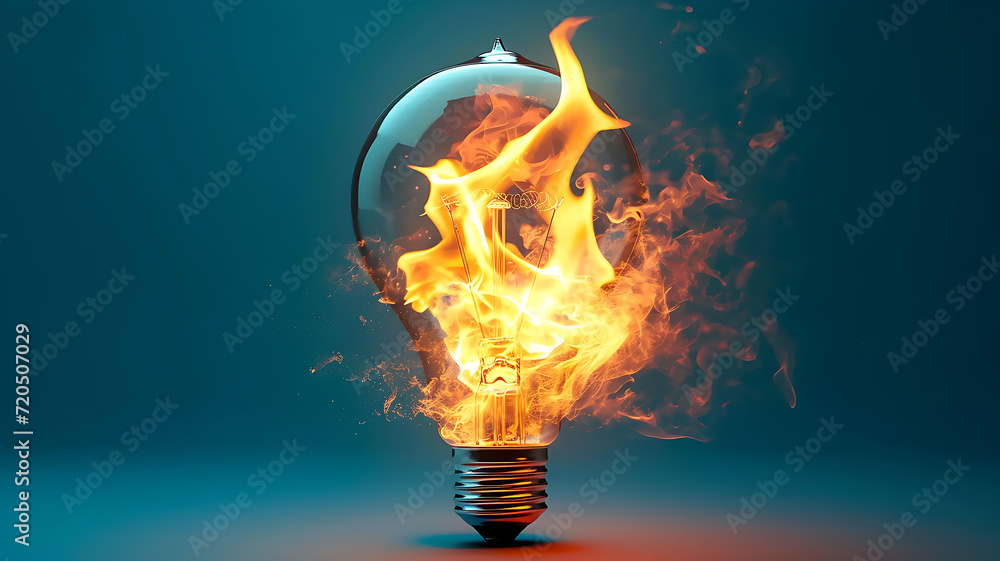 Lightbulb fire on blue background Generated by AI. Lightbulb fire on blue background Generated by AI.