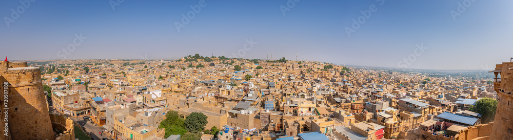 Panoramic view of Jaisalmer city which is a popular destination among tourists for Thar desert and Golden fort historic palace architecture.