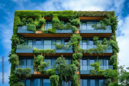 Modern buildings with windows covered in moss, in the style of solarizing master, artificial environments, light green and azure photo