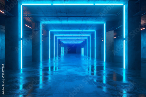 Futuristic sci fi blue neon tube lights glowing in concrete room 3D Rendering