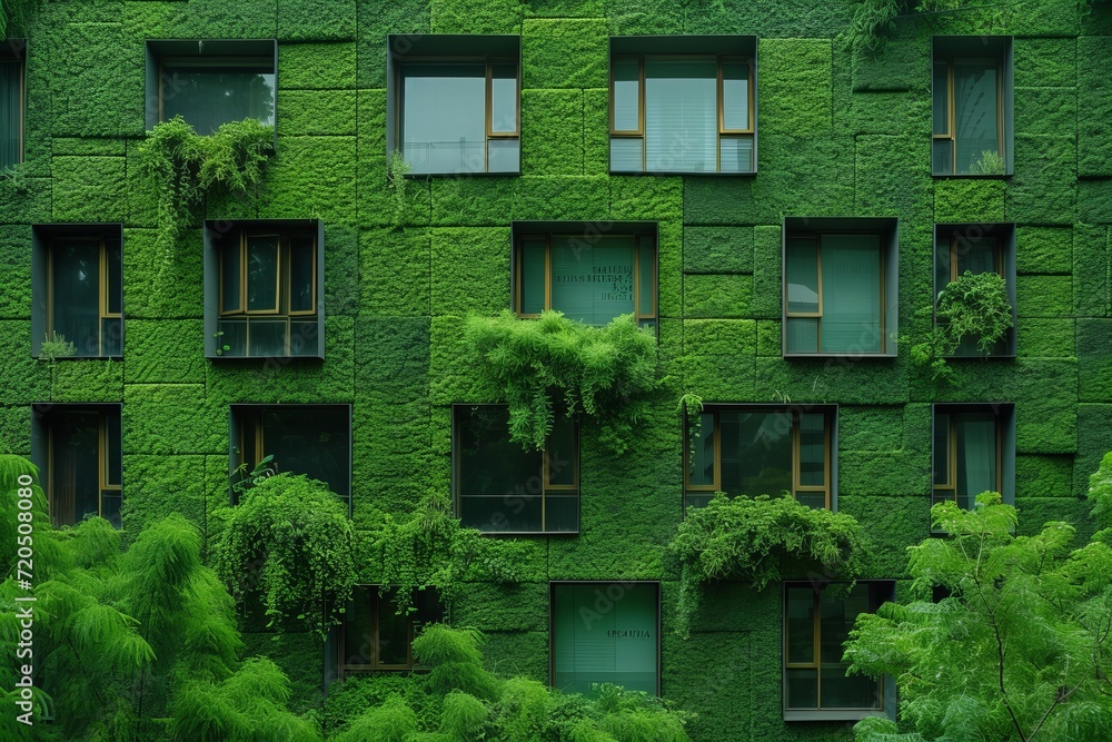 Modern buildings with windows covered in moss, in the style of solarizing master, artificial environments, light green and azure