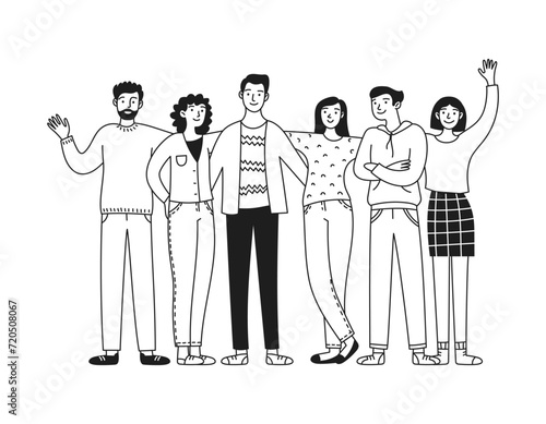 United happy team doodle vector illustration. Support. People diversity, men and women isolated on white background