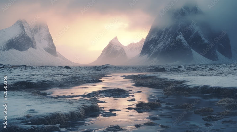 A beautiful Arctic landscape with high mountains, a river with melting ice, snow at sunset. The problem of climate change, warming, ecology.